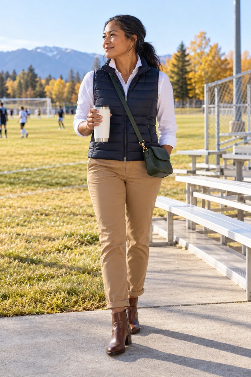 Puffer Vest, Button Down, and Cuffed Chinos