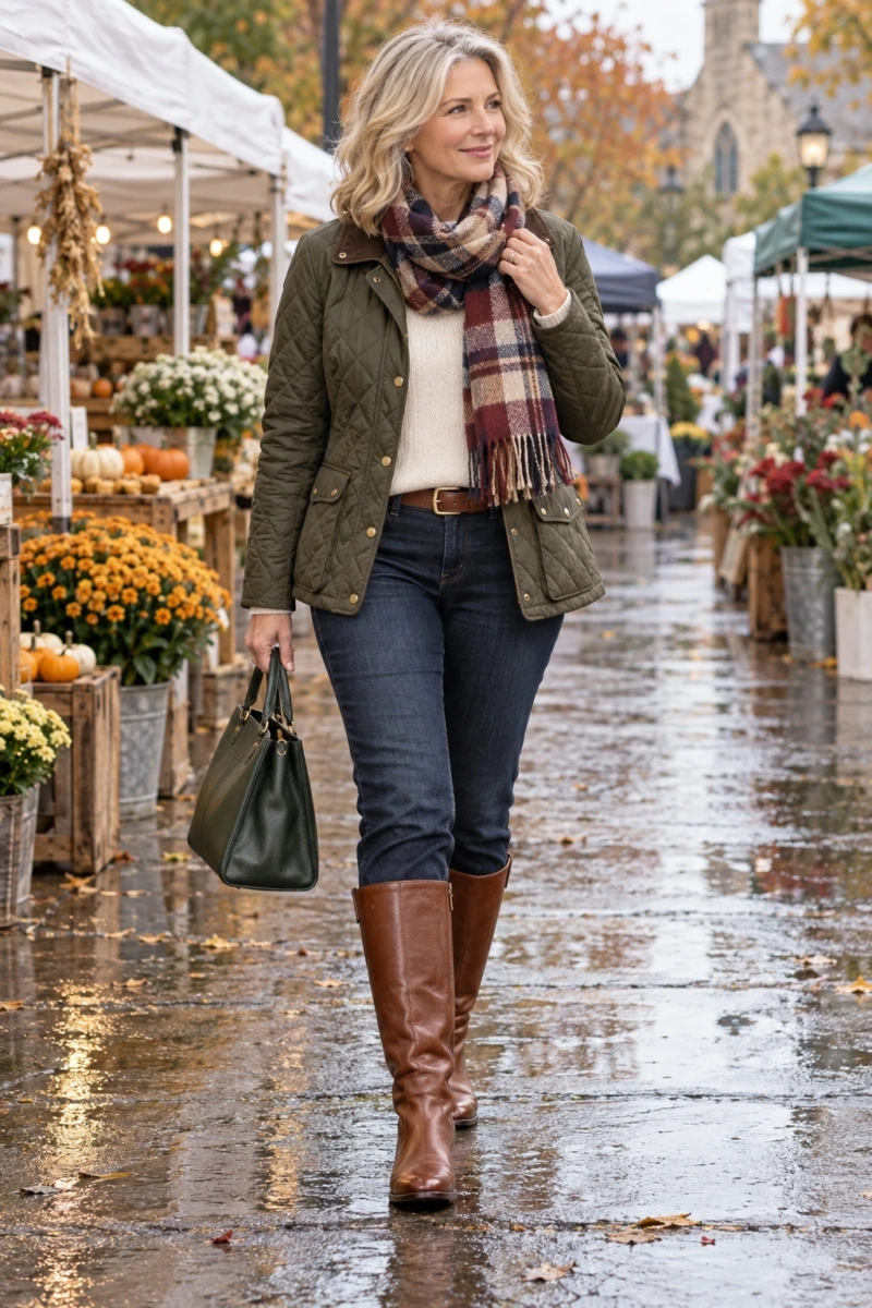 Quilted Jacket, Plaid Scarf, and Tall Riding Boots