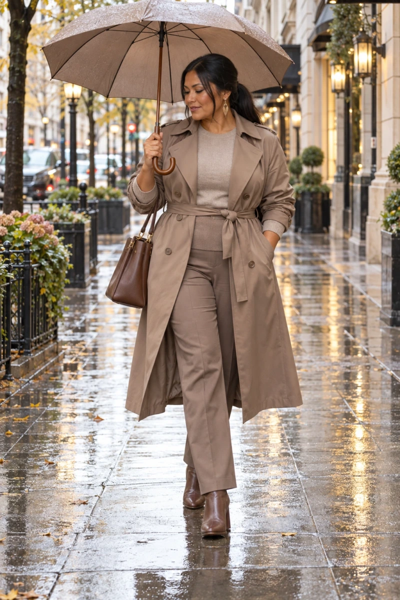 Taupe Trench Over a Tonal Knit and Trouser