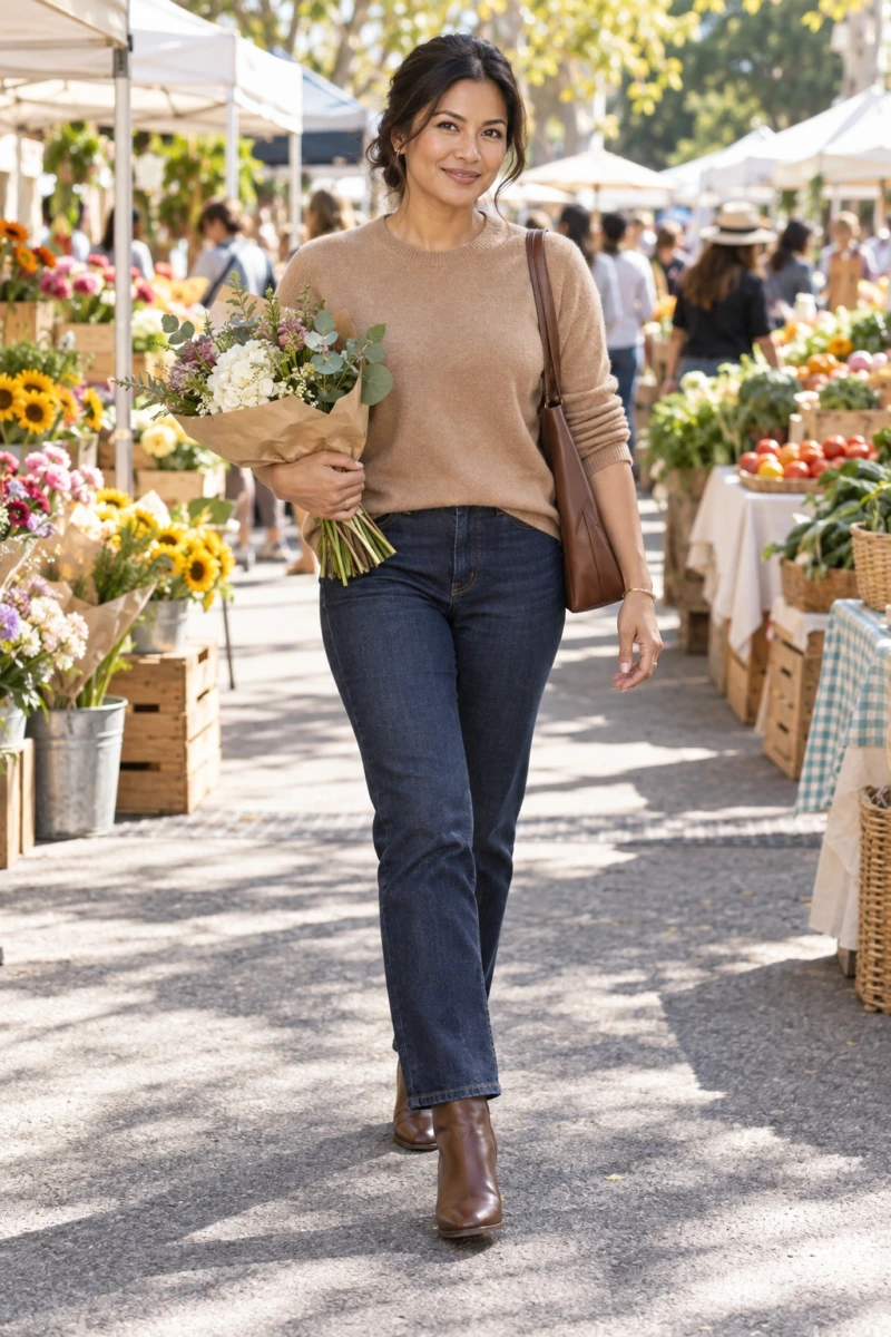 Camel Cashmere Sweater and Dark Rinse Jeans