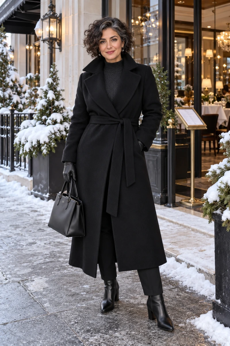 Black Cashmere Wrap Coat and Slim Black Trousers