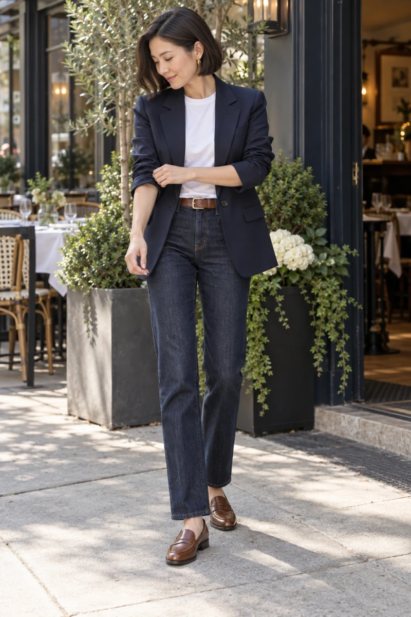 Navy Blazer, White Tee, and Straight Leg Denim