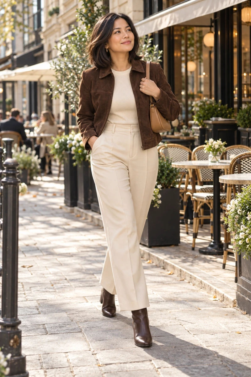 Chocolate Brown Suede Jacket and Cream Knit