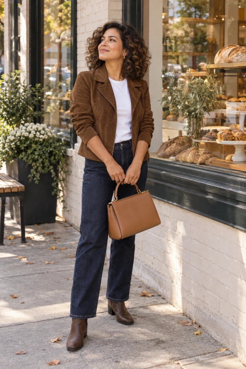 Suede Jacket With a White Tee and Jeans