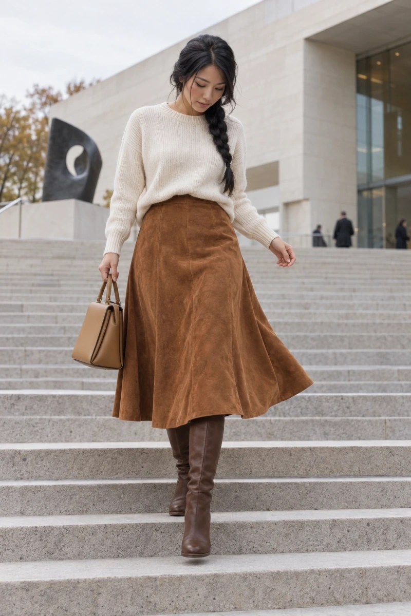 Suede Midi Skirt With a Cream Knit