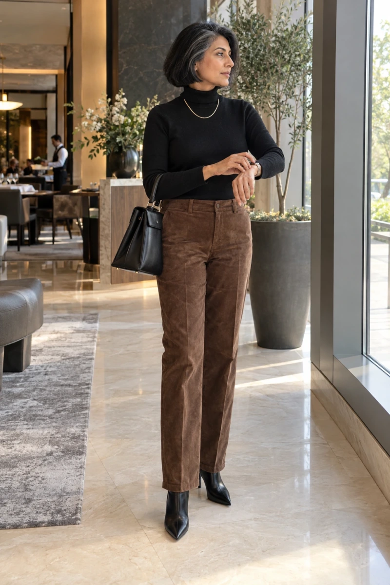 Suede Trousers With a Black Turtleneck