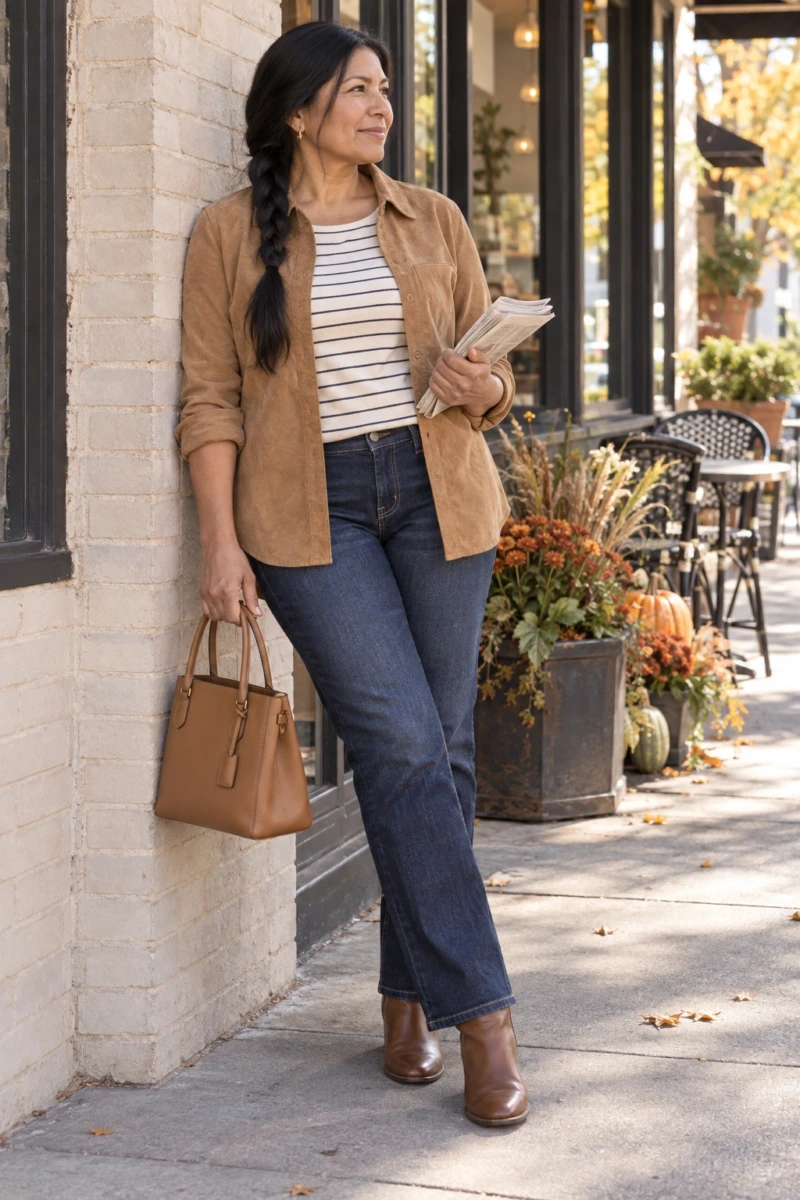 Suede Shirt Jacket Over a Striped Tee