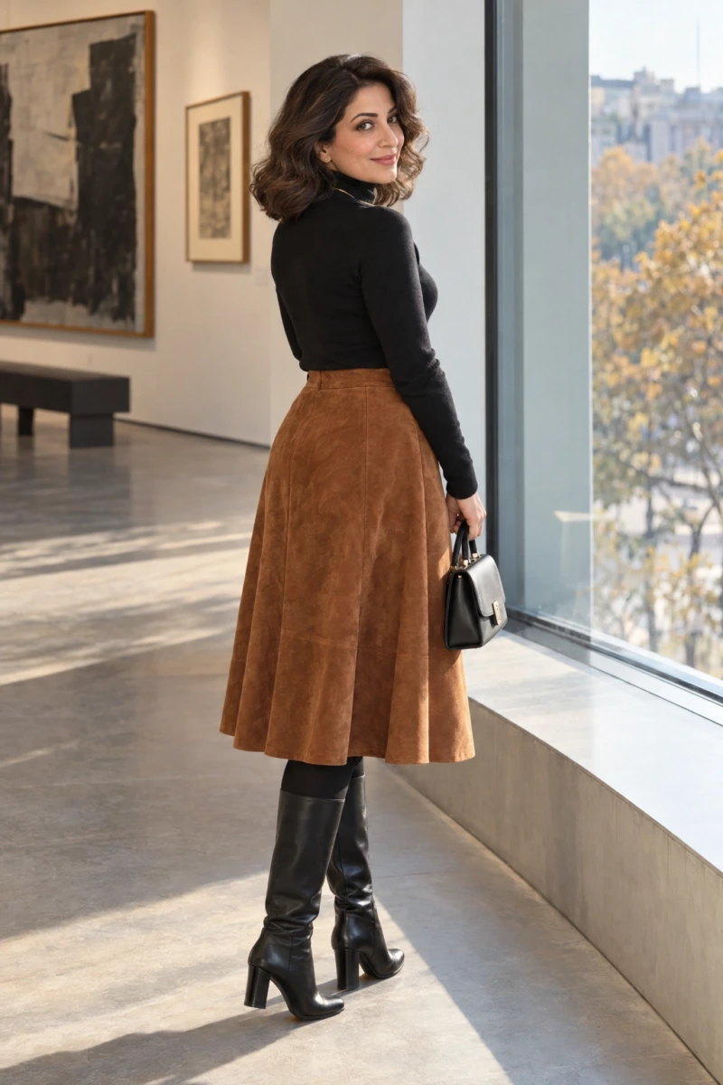 Suede Skirt With a Black Turtleneck