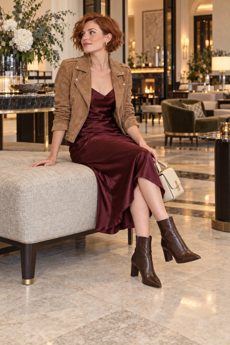 Suede Moto Jacket Over a Slip Dress