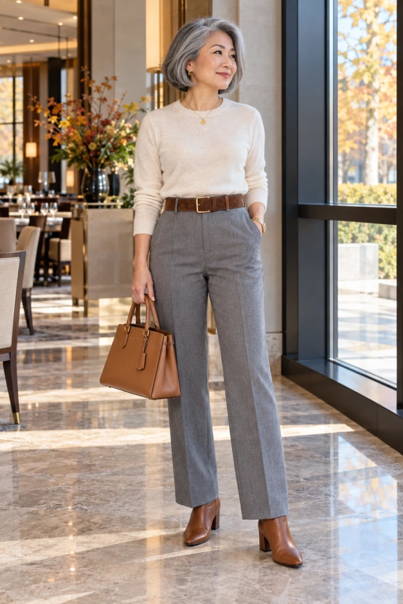 Suede Belt With a Tucked Knit and Trousers